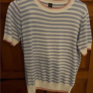 SHEIN Blue and White Striped Sweater with Pink Trim